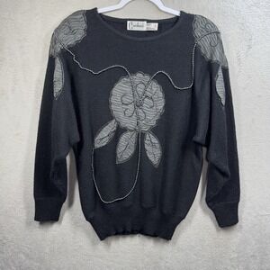 Vintage 80s Carducci Sweater Women's L Black Beaded Appliqué Retro Shoulder Pads